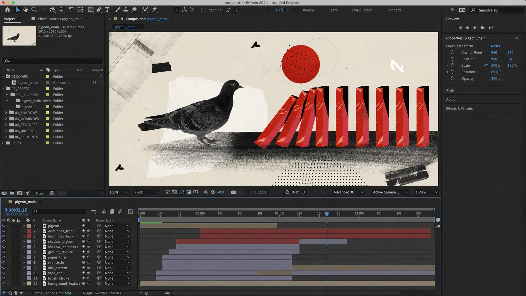 After Effects timeline showing an animation project mid-production, layers and keyframes visible