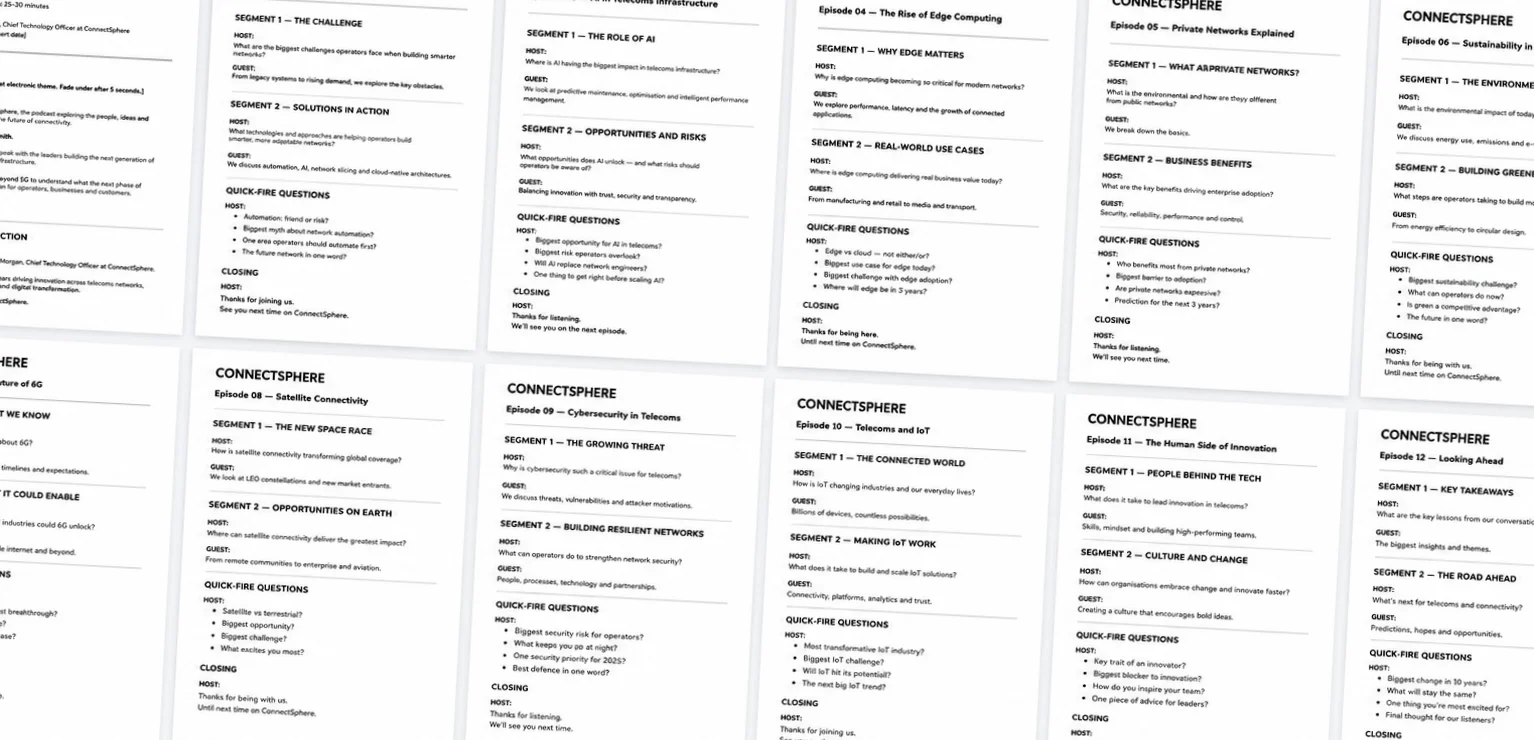 Grid of ConnectSphere podcast episode scripts, showing the script stage of an animation project