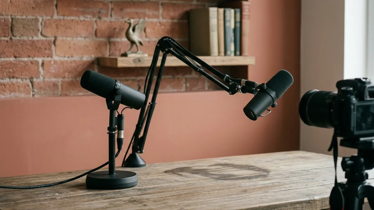 Podcaster at a microphone in a podcast studio in Liverpool, with the city's Baltic Triangle creative district implied behind