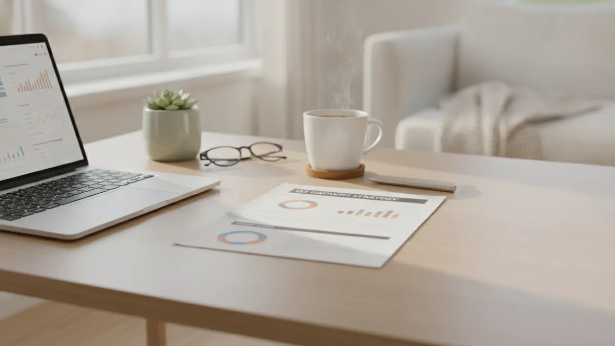 A go-to-market planning document on a desk, partly filled in by hand, with a pen resting on the page.