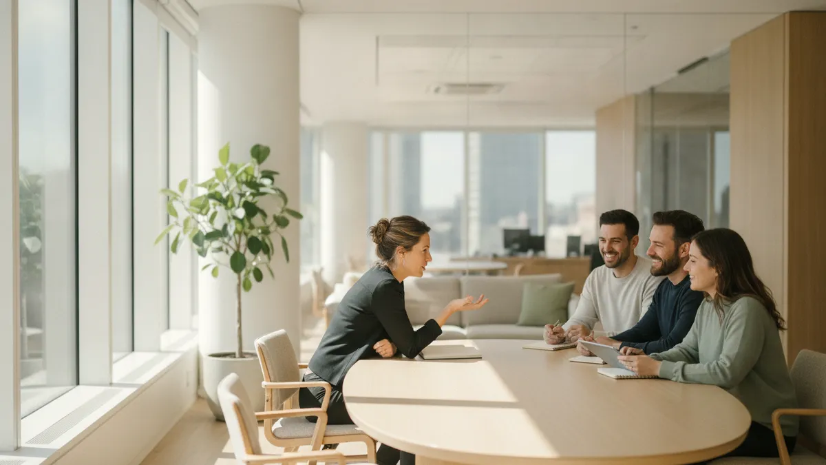 Two people in conversation across a table, representing the questions to ask before hiring a B2B demand generation agency.