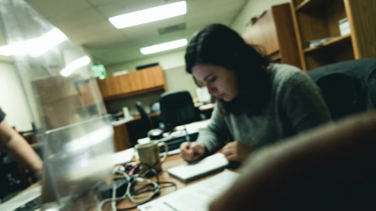 Woman jotting notes at a cluttered office desk, researching podcast guests worth interviewing