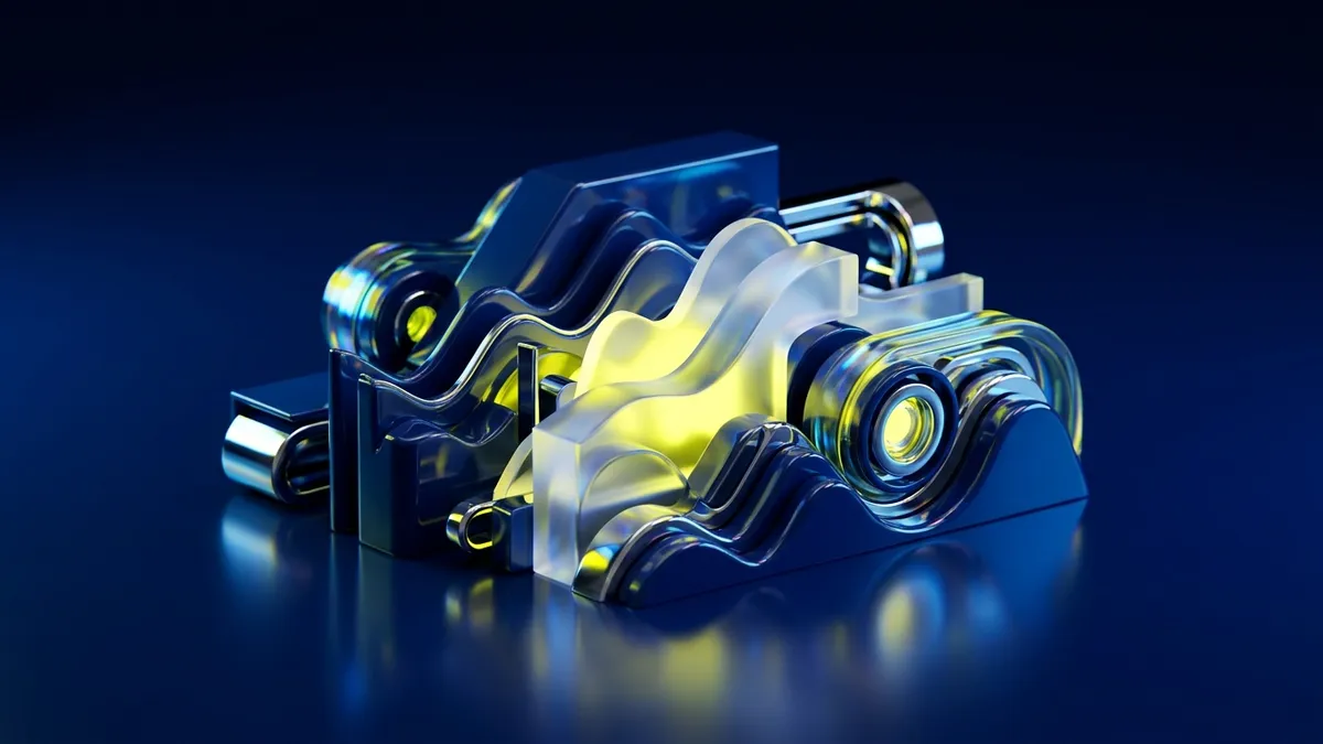 Glossy 3D waveform layers in blue and yellow, an abstract vision of AI podcast editing