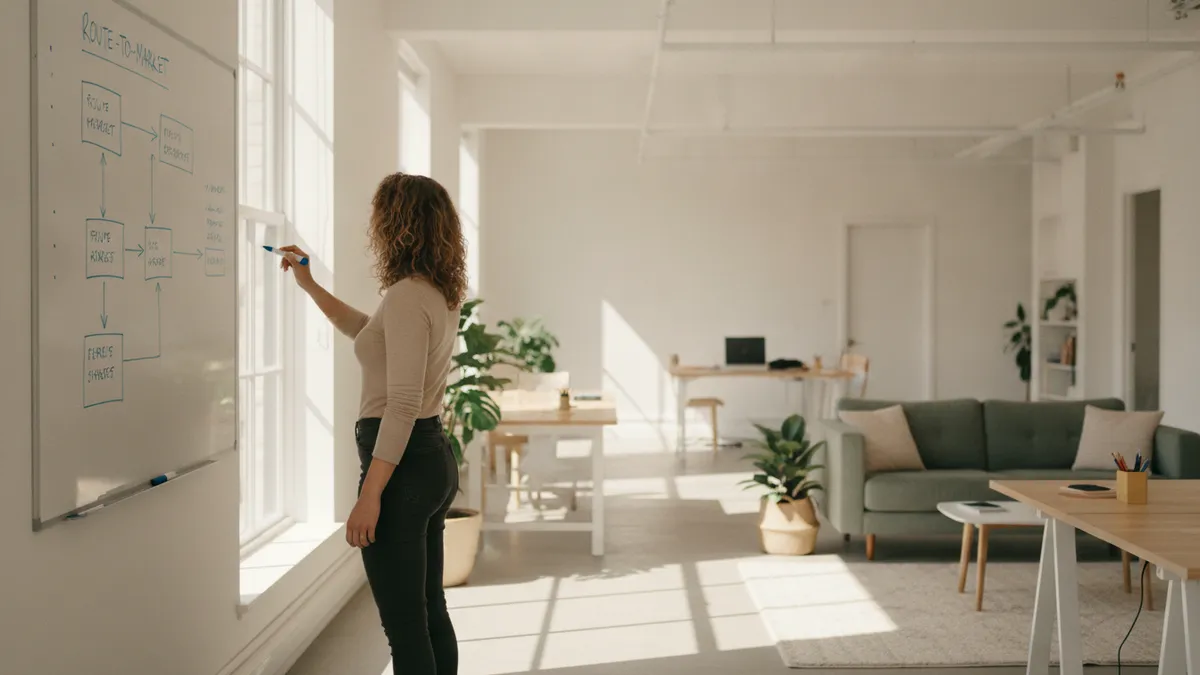 Candid photo of a team sketching a route from product to first customers on a whiteboard, representing a go-to-market strategy.