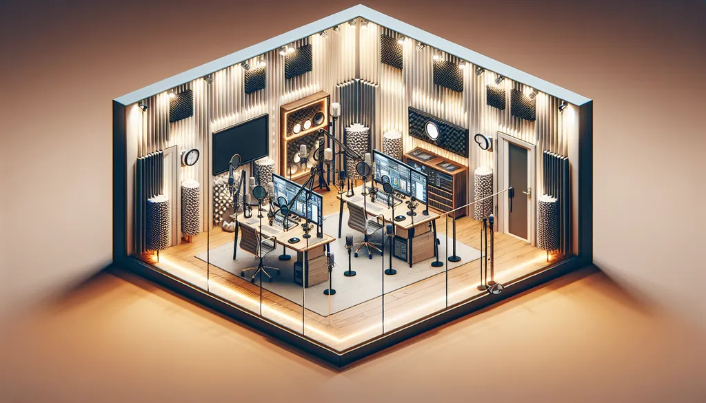 A vibrant illustration of a podcast studio with professional equipment