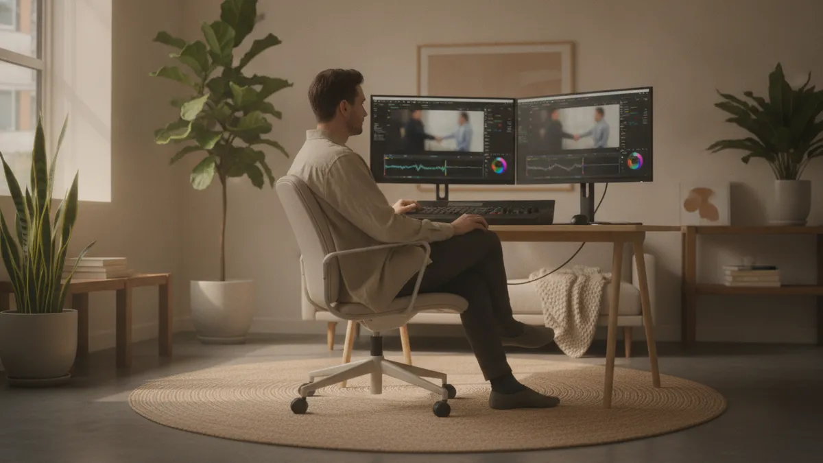 Editor in a Bristol edit suite grading a brand film and cutting the social versions
