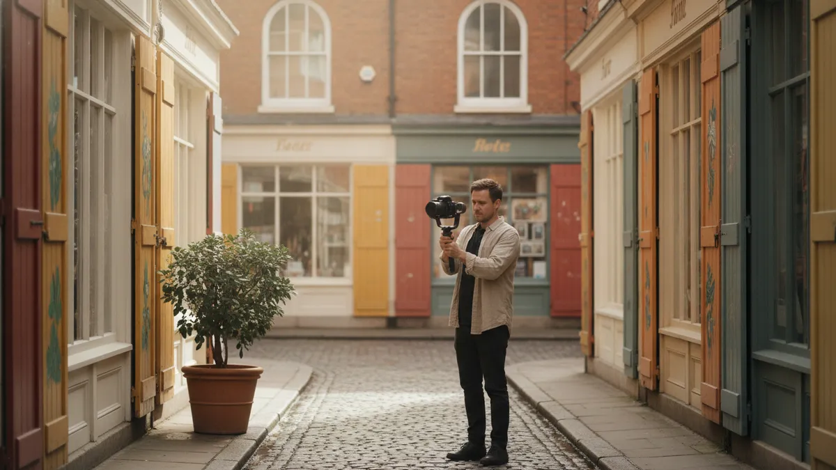 Camera operator filming handheld on a Bristol street for a brand film