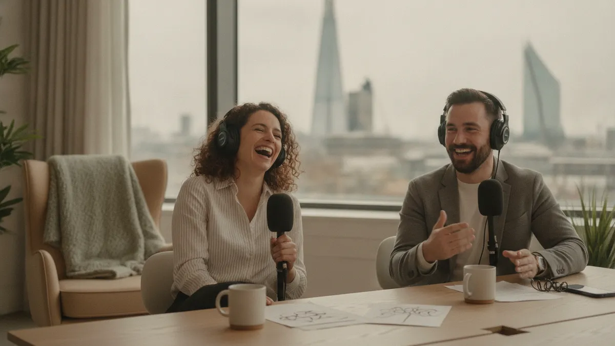 Host and guests recording in a London podcast recording studio with an engineer on the desk