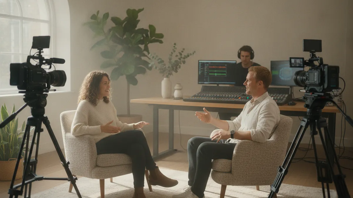 Video podcast studio in London with three cameras and lighting set for a host and guest