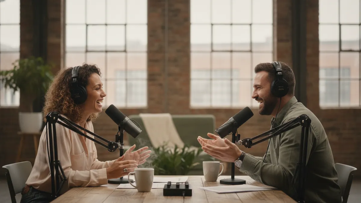 Host and guests in a Manchester podcast recording studio with an engineer on the desk