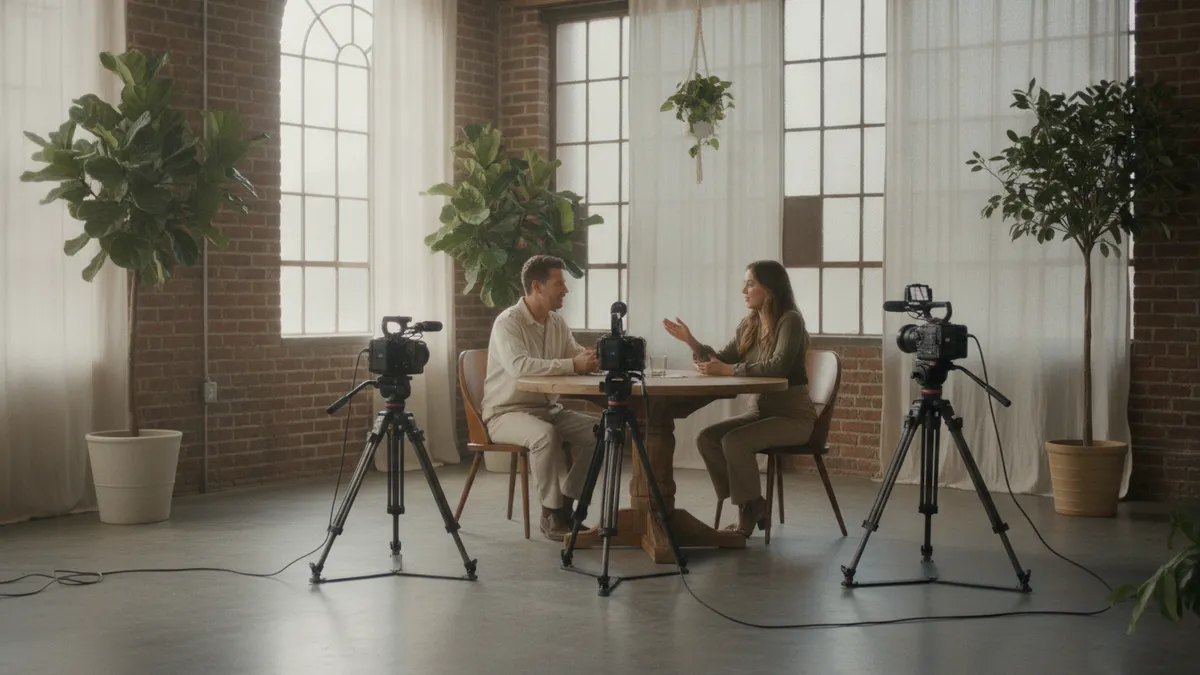 Multi-camera video podcast studio Manchester setup, lit for a host and guest interview