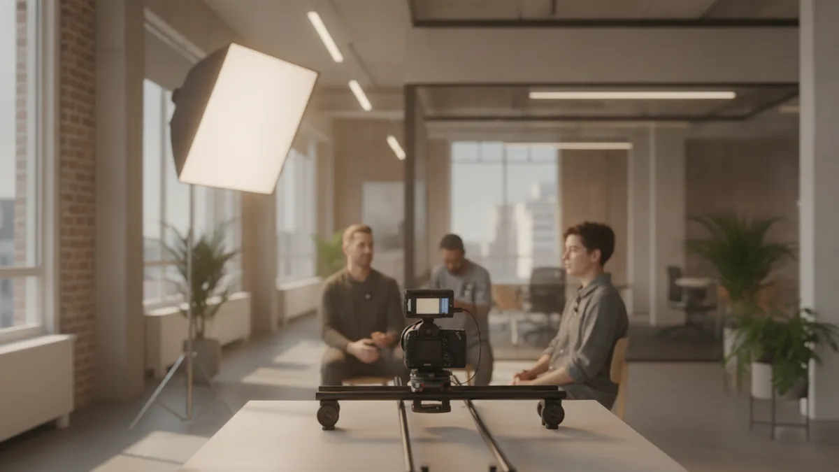 Video production Manchester shoot day, a multi-camera corporate interview set lit for two cameras