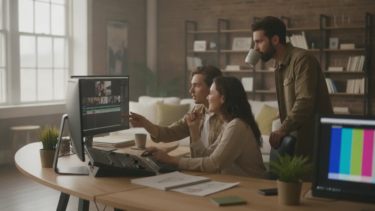 Creative team at a video advertising agency reviewing ad cuts at an edit workstation