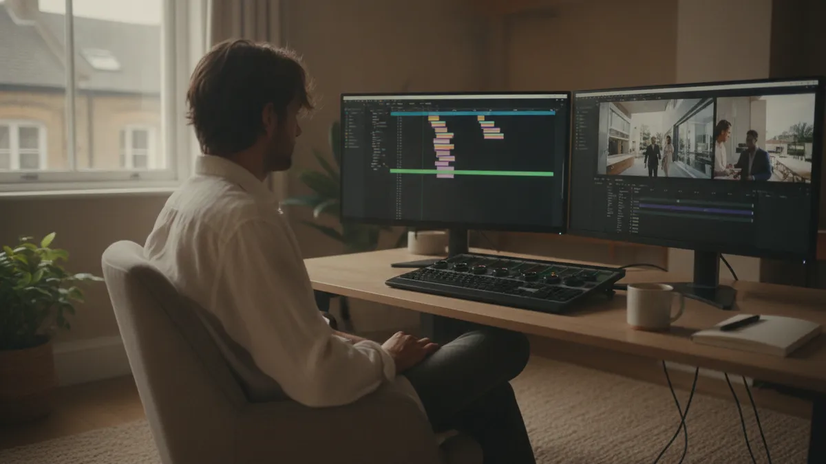 Editor grading a London corporate video and cutting social clips in the Earworm edit suite