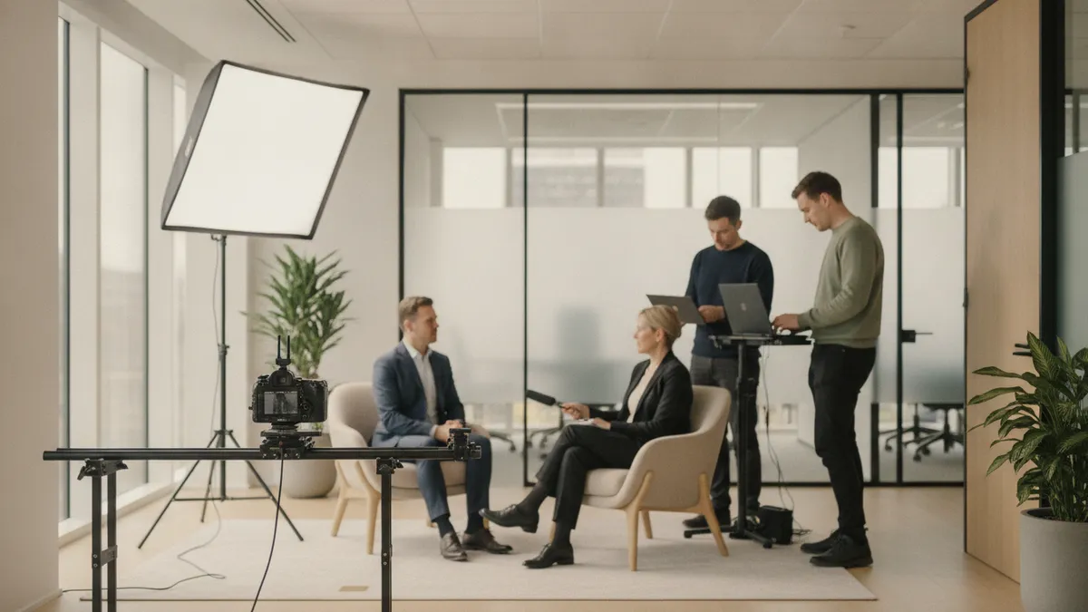 Multi-camera corporate video production shoot in a London studio with an executive interview set lit for two cameras