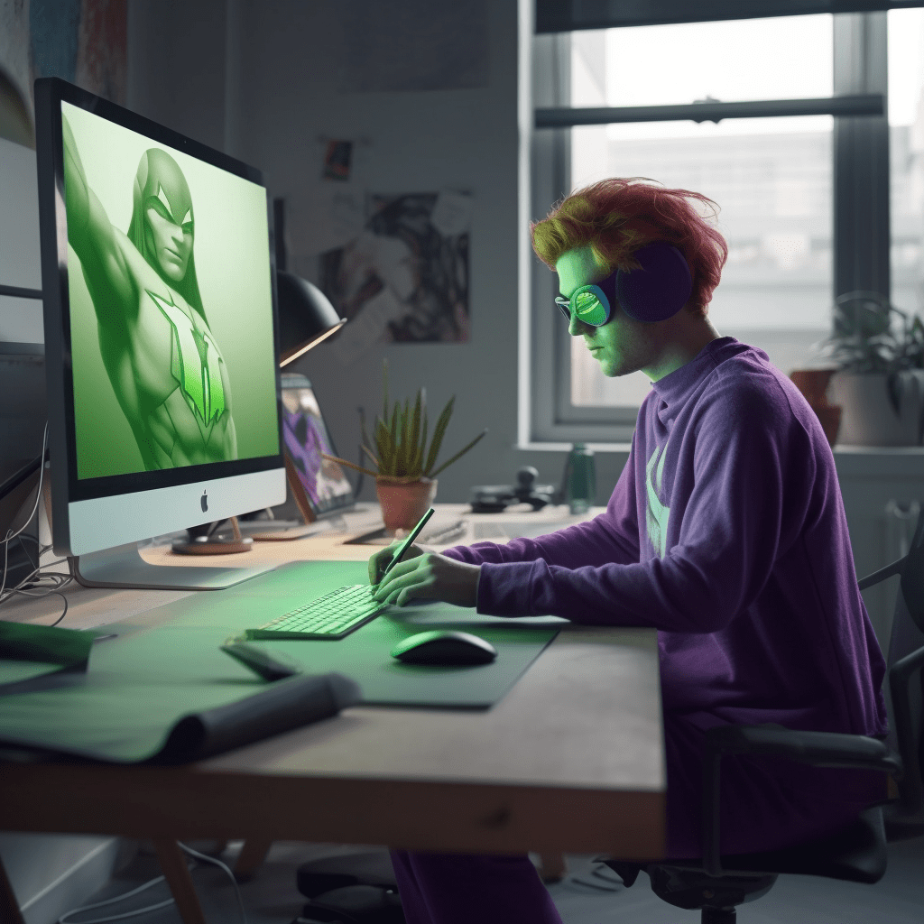 A Superhero is working at a creative design agency
