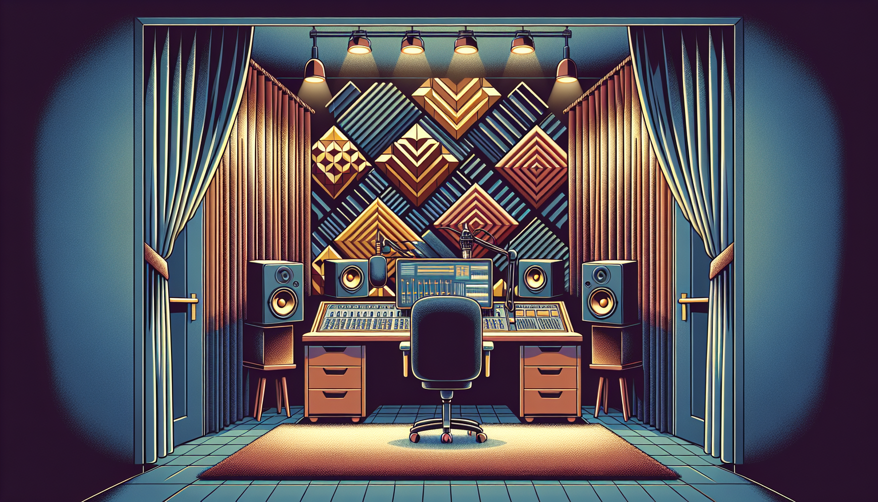 An artistic depiction of soundproofing and acoustics in a podcast studio