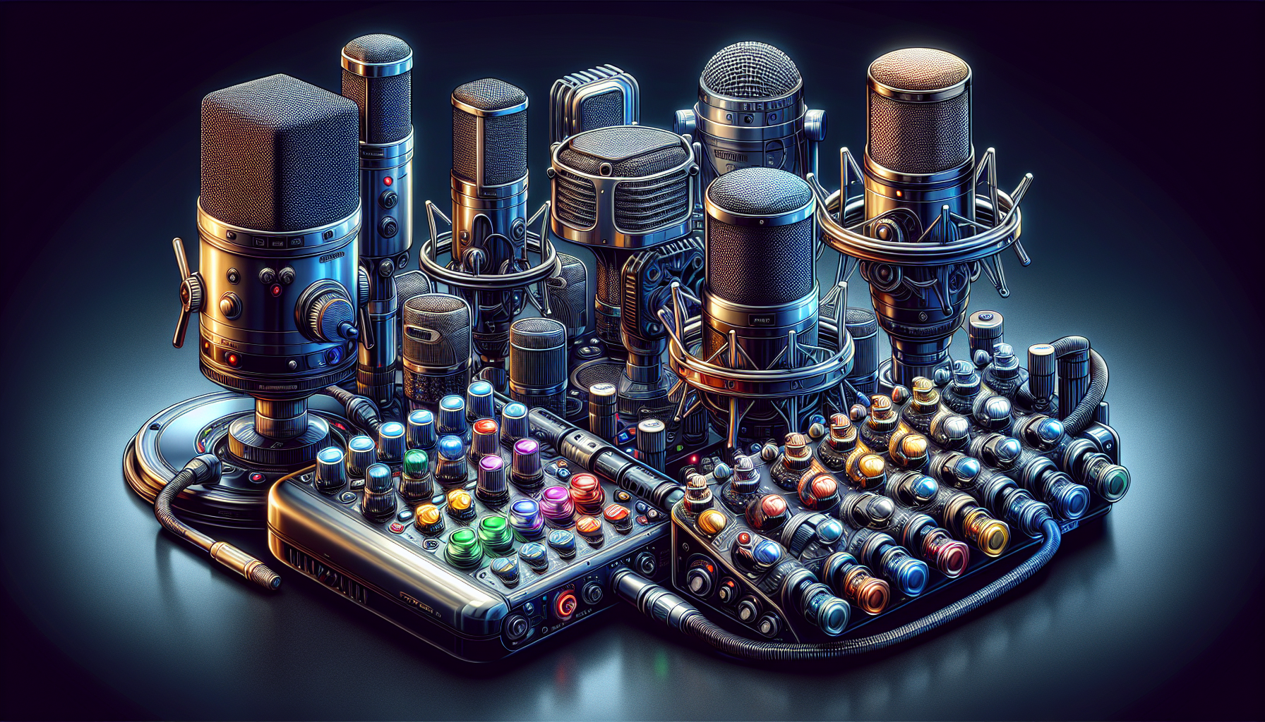 A creative illustration of high-quality microphones and audio interfaces